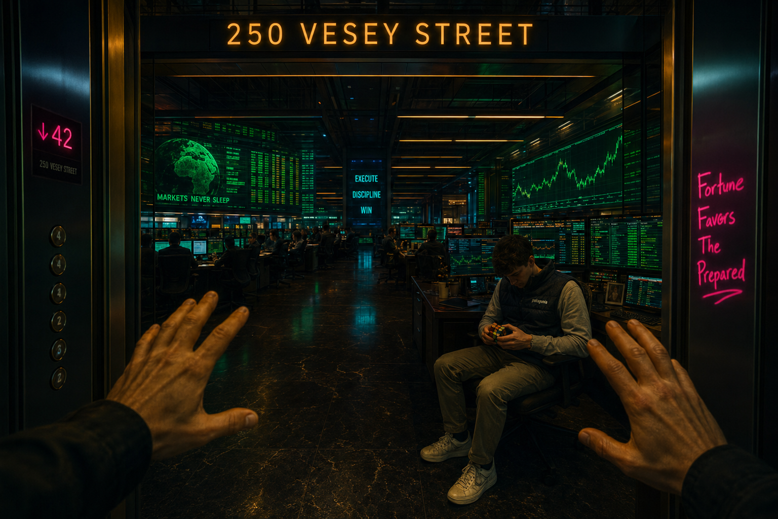 The elevator doors open to the Jane Street trading floor